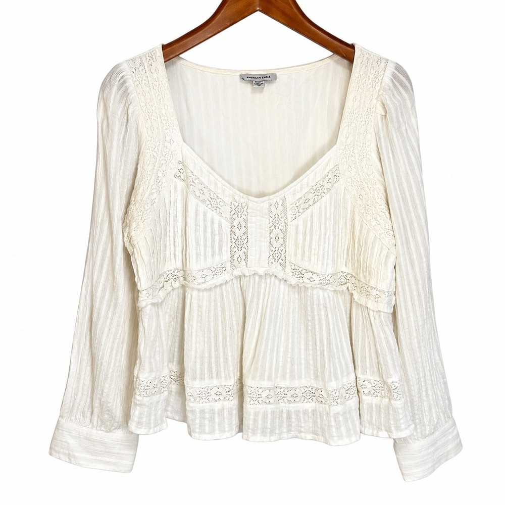 American Eagle White Cotton Lace Peplum Blouse Long Sleeve M 9312678854